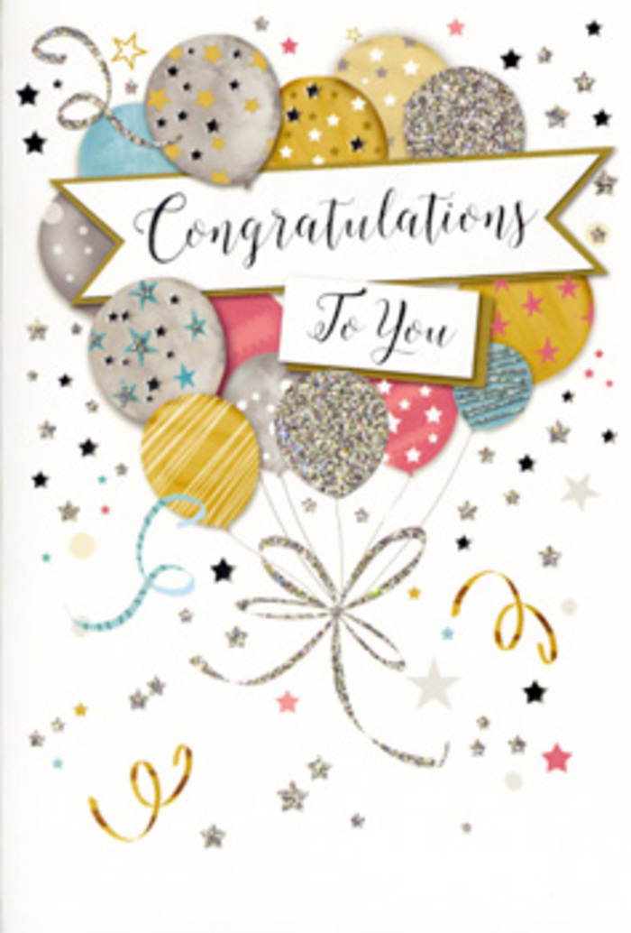 The card shown is a luminous celebration piece, the kind of design that pairs beautifully with congratulatory bouquets leaving our studio near Aldgate station. The illustration features a rounded bouquet of balloons, clustered together as though just released from a celebration on a rooftop overlooking the City skyline. The balloons are rendered in harmonious shades of metallic gold and silver, soft champagne, powder blue, blush pink, and gentle grey. Each one is adorned with its own decorative touch - delicate stripes that gleam, tiny star constellations, or subtle glitter-style speckles that give the surface a sense of depth and shimmer. Their slender ribbons, drawn in fine strokes of gold and silver, fall in loose, curling lines from the base of the cluster, overlapping and twisting in a way that mirrors the natural tumble of ribbon on a freshly tied bouquet. The background is a soft, almost creamy tone, scattered with whimsical stars, ribbon swirls, and confetti flecks suggesting movement and joy, like the lingering energy after a celebration near Aldgate East or Petticoat Lane. Cutting through the centre of the design, a refined banner arches gently, edged in metallic ink and bearing a tasteful Congratulations message in ornate, flowing script. The atmosphere is both festive and elegant, conveying admiration, pride, and genuine happiness without being loud or overwhelming. It suits a variety of milestones - new jobs, promotions, graduations, or personal triumphs - and you can imagine this card resting beside a vase of fresh roses or lilies, ready for same-day delivery across Aldgate and the surrounding EC3 and E1 streets, where it will lend a graceful finishing touch to any celebration.