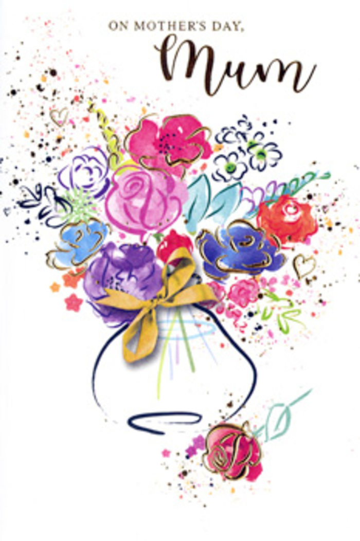 This Mother's Day card shows a vivid, artistic bouquet that could easily have begun as a florist's sketch in a studio just off Aldgate High Street. At the centre, an exuberant cluster of blooms spills outward from a modest vase, painted in layered watercolour strokes that range from hot pink and cerise to apricot, coral, and deep indigo. Some flowers appear more defined, their petals edged gently, while others blur into soft clouds of colour, mimicking the natural variation you might see in a freshly gathered bouquet destined for a home near Aldgate or the surrounding City streets. Fine strokes of metallic gold trace around certain petals and leaves, adding subtle highlights that catch the imagination like glints of light reflecting from railings and windows near Aldgate East station. The vase itself is rendered with light, curving lines, topped with a neat golden bow reminiscent of the ribbons tied with care at Aldgate Flowers before a special Mother's Day delivery heads out across the neighbourhood. Around the focal bouquet, small heart motifs, scattered flecks, and gently sprayed droplets of paint drift toward the card's edges, evoking the sense of petals, confetti, or the busy yet cheerful energy of Aldgate's markets and side streets. The white background holds everything together, giving the rich colours room to breathe while emphasising their luminosity. The overall impression is one of heartfelt spontaneity meeting thoughtful design-a painted bouquet that captures both the liveliness of city life and the deep, quiet gratitude felt for mothers who anchor it.