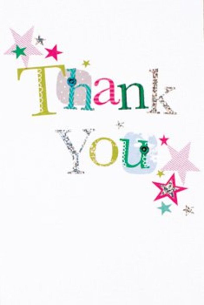 The artistry of this thank you card carries a graceful exuberance, harmonizing with the cultural vibrancy of Aldgate. Each letter of 'Thank You' is rendered with distinct charm-some playfully whimsical, freckled with dots or flourishes, others elegant and flowing like the notes of a song, brushed in a palette of lively greens, radiant pinks, electric blues, and lustrous silver. Stars shimmer nearby in clustered bursts-striped with pink, saturated in turquoise, or glimmering like the city skyline by night-imparting an air of gentle blessing and communal cheer. The arrangement is airy and uncluttered, with a scattering of stardust enlivening the pristine white that feels as crisp as an early morning in Aldgate Gardens. There's an understated sophistication to the card-at once uplifting and comfortably familiar-making it an ideal companion to any bouquet, from a casual thank you gesture to a memorable celebration. Inside every detail is the touch of an Aldgate florist's hand, blending artistry and heartfelt dedication in every note of appreciation shared with the neighbourhood.