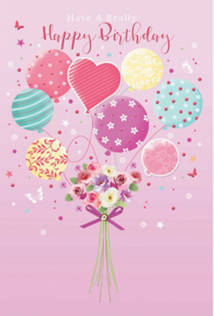 This whimsical birthday artwork could be imagined propped on a windowsill overlooking the streets of Aldgate, a pastel celebration frozen at its happiest moment. The background is a gentle blush pink, creating a serene canvas that lets the central design shine without distraction. Rising from the lower centre is a floating bouquet of balloons, clustered in a casually elegant arc. Each balloon carries its own decorative story: candy-stripe patterns curl around some in shades of rose, teal, and lemon; others are sprinkled with playful polka dots; a few display delicate floral motifs; and a single heart-shaped balloon sits proudly among them, its rounded curves and fuchsia-tinged blush radiating affection. Soft pinks, sea greens, buttery yellows, and whispers of lavender blend into a unified pastel palette, evoking tenderness and celebration. From the base of this balloon cloud, a small hand-tied bouquet of birthday flowers appears to be gently lifted up. The bouquet's blooms - including petite roses and daisy-like blossoms - are shaded from creamy white through blush pink to warm mauve, their velvety petals overlapping like layers of silk. A purple satin bow gathers the stems with a refined touch, glistening as though catching light from a nearby window. Around the arrangement, tiny butterflies hover and star-shaped accents scatter like delicate confetti drifting in slow motion. The imagined fragrance of the bouquet is soft and sweet, the way a freshly delivered arrangement might scent an office off Whitechapel High Street. The lighting in the illustration is diffuse and bright enough to highlight every curve and petal, creating a mood of pure, gentle celebration - the kind of image that turns a birthday greeting into something sincerely heartfelt in the heart of Aldgate.