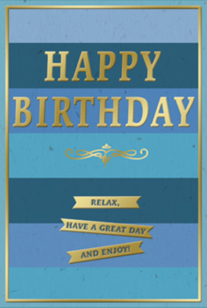 In the photograph, a stylish birthday card stands poised, its cool blue tones and gold highlights evoking a sense of quiet luxury that fits naturally with the atmosphere around Aldgate. The background is built from broad, horizontal blue bands, each extending from edge to edge. Starting with a deep navy at the lower edge, the colours gently ascend through denim and teal blues, finishing in a pale, almost misty sky blue toward the top. This gradient feels like watching the city sky lighten over the rooftops, with each stripe adding depth and a sense of calm. Across the centre, the greeting HAPPY BIRTHDAY is embossed in generous, gold capital letters. The typeface is clear and confident, the metallic finish catching ambient light with a soft gleam that gives the card its celebratory focus without overwhelming the restful blues. Beneath the main message, an ornate gold flourish stretches horizontally, its loops and curls reminiscent of traditional pen flourishes or historic decorative motifs you might notice on older buildings tucked between Aldgate's glass towers. Under this flourish, three narrow golden banners sit stacked in a tidy column. Each banner bears a portion of the card's gentle encouragement-Relax, have a great day, and enjoy!-printed in fine gold lettering that invites a slow, appreciative reading. A slim gold border traces the perimeter of the card, framing the composition like a minimal, contemporary picture frame. The card stock appears to be of a heavier weight, with a smooth, satin-matte finish, while the gold embossing rises subtly from the surface, giving the design a tactile richness. The overall impression is of a birthday card designed for someone who values calm and elegance amid the buzz of city life-a beautiful match for a hand-delivered bouquet from Aldgate Flowers arriving at an office or apartment nearby.