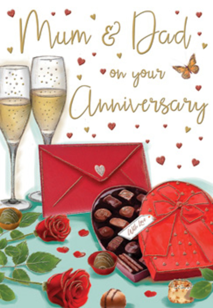 This anniversary card design presents an intimate celebration scene, as if frozen in a quiet moment above Aldgate's bustling crossroads. At the forefront, a heart-shaped chocolate box in a rich, romantic red immediately draws the eye. It is adorned with an extravagant red bow, its soft loops and trailing ribbons flowing across the lid like silk. The lid itself is partially propped open, revealing an orderly selection of chocolates within: smooth, domed pieces in velvety browns, each resting in its own tiny casing, suggesting a thoughtful gift picked up after work from a favourite spot near Aldgate station. Behind this indulgent centrepiece stand two tall champagne flutes, their clear glass rendered with delicate reflections. Each flute brims with pale golden champagne, the bubbles suspended in mid-rise, as if the toast to Mum and Dad is just about to be made. To the side, two luxurious red roses, complete with glossy green leaves, lie as if gently placed there by hand, evoking the feel of a bespoke bouquet chosen from Aldgate Flowers. Scattered chocolates dot the table nearby, adding a casual note of enjoyment to the neatly composed tableau. Floating across the scene are small hearts in varying shades of crimson and gold, encircling handwritten anniversary greetings that curve softly around the central elements. A scarlet envelope, smooth and neatly sealed, anchors one corner of the image, hinting at loving words penned in quiet anticipation. Warm, diffused light illuminates the entire composition, catching on the glass, the bow, and the rose petals, creating an atmosphere that feels both luxurious and deeply personal, like a treasured evening shared high above Aldgate's energetic streets.