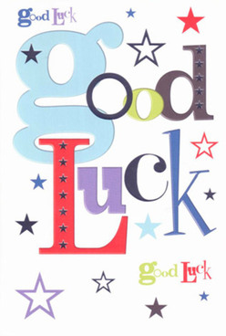 This good luck card shines with all the anticipation and encouragement found in Aldgate's busy market days. Set against a flawless white field, the letters are artfully drawn in a sequence of pastel blue, crimson red, deep green, and luxurious violet-all nods to Aldgate's cultural tapestry and the creative buzz winding through Middlesex Street. Encircling the message, stars in dusky indigo, delicate lavender, and fresh lime pop against the background, recalling both the area's historical sparkle and its modern energy after sundown. The variety of fonts adds a designer's delight, blending playful curves with sophisticated lines to uplift the spirit and capture the essence of local vibrancy. There's an understated luxury in the smooth finish, much like the touch of fine card delivered with an Aldgate Flowers bouquet to a neighbour in E1. It's the card you'd entrust for sending good wishes before a new job, or as a gentle nudge of support to someone launching a new venture here in the city. Every detail-the interplay of colour, shape, and texture-conveys confidence, warmth, and the steadfast optimism that defines this corner of London.