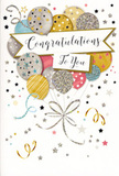 This image presents a joyful congratulations card that feels as if a small, sophisticated celebration has been painted onto its surface, perfect to accompany flowers arriving around Aldgate and the nearby lanes. A loose cluster of balloons forms the focus, their rounded shapes softly overlapping and rising upward from the bottom third of the card. The colour palette leans into elegant metallic tones - warm gold, cool silver, champagne beige, misty blue, blush pink, and pale grey - each balloon carefully detailed with its own pattern of fine stripes, sparkling star shapes, or tiny glitter-like dots catching the light. Slender ribbons in shimmering gold and silver trail from the balloons, curling gracefully downward and overlapping like the trailing ends of floral wrapping ribbon on a bouquet freshly arranged near Aldgate High Street. The background is a pale, neutral shade scattered delicately with metallic stars, festive swirls, and flecks of confetti that appear to drift around the balloons as though carried on a gentle breeze blowing between Aldgate and Tower Hill. Across the middle of the composition, a banner stretches in a gentle curve, finely edged with metallic ink and inscribed in elegant, flowing calligraphy with the message Congratulations To You. The overall feeling is uplifting, polished, and warm - the visual equivalent of sharing a heartfelt well done after an exam success, promotion, or special personal achievement. This card would sit beautifully alongside a hand-tied arrangement from a local Aldgate florist, ready for same-day delivery to offices and homes, carrying both visual sparkle and sincere emotion to the person being celebrated.