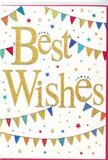 This Best Wishes card is like a moment of celebration captured within clean lines, much like a colourful string of bunting glimpsed in a courtyard around Aldgate. At the centre of a pure white background, the greeting is written in smooth, looping gold script, the letters gleaming as if touched by a fine metallic foil. The strokes of the handwriting are confident but soft, creating a feeling of genuine care that you can almost sense with your fingertips. Surrounding the message, strands of bunting arc in broad, relaxed curves across the top and bottom of the card, framing the words with a festive embrace. Each tiny triangular flag is decorated in a lively palette of reds, blues, greens, pinks, and yellows, some with slender stripes, others with neat polka dots or subtle geometric designs, hinting at a curated mix of party decorations. Scattered around these bunting garlands, delicate stars and little circular confetti shapes float against the white space, giving the impression of gentle movement, like paper pieces drifting down after a cheer. The balance of white space and colour keeps the card from feeling crowded, ensuring the golden Best Wishes remains the focal point. It is a versatile design, equally fitting for celebrating a promotion in a nearby office, a new home in one of Aldgate's modern developments, or a personal achievement quietly marked at home. The card conveys cheerful encouragement and heartfelt support, a paper companion to a fresh bouquet that says, with simple honesty, I'm proud of you, and I hope everything ahead goes beautifully.