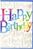 In this image, a lively birthday card stands as the focal point, its design carrying the same energetic mix of colour and sophistication you might spot in a stylish Aldgate café. The central message, Happy Birthday, stretches boldly across the front in wide, rounded block letters that feel friendly and welcoming. Each letter is dressed in a gradient wash of colour that moves fluidly across the spectrum: from rich, celebratory red into warm pink and violet, then into cool blues and greens, ending with a soft, luminous yellow. The blending of colours is so smooth that no harsh lines appear between shades, creating a continuous ribbon of rainbow across the card. Behind this bold statement, the background is layered with repeated phrases of Happy Birthday to you, written in an elegant, cursive gold script that curls and loops with an almost musical rhythm. The metallic ink has a subtle sheen, glinting gently when the card is tilted, similar to the way streetlights shimmer on wet pavements near Aldgate at dusk. Minute specks and tiny starbursts of colour punctuate the script, echoing the look of scattered confetti and adding a sense of movement and festivity. The card appears to be printed on a smooth, slightly glossy stock, giving it a polished finish that feels special without being overly formal. The overall impression is one of cheerful celebration wrapped in a refined, contemporary style-a perfect partner for a bunch of fresh birthday flowers delivered to a City office near Aldgate or a cosy apartment tucked along the side streets leading down toward the river.