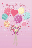This pastel birthday illustration feels like a little burst of joy tucked between Aldgate's historic buildings, translated into soft colours and playful shapes. The scene sits on a smooth pink background, warm and welcoming, much like the cosy corners of a local café off Leadenhall Street. At the centre, a group of pastel balloons floats upward in a loose cluster, giving the impression they're drawing a bouquet of flowers up into the sky. Each balloon is uniquely decorated: some swirl with candy-striped bands in rose and aqua, others are dotted with cheerful spots of lemon and lavender, while delicate floral patterns dance across a few. A heart-shaped balloon rests at the middle, glowing gently in shades of blush and bright pink, adding a clear note of affection. Below the balloons, a neatly arranged bouquet of birthday blooms gathers at the base. The flowers, imagined as freshly cut, include creamy ivory roses, blush anemone-like blossoms, and daisy-style flowers in soft mauve, all with feather-soft, velvety petals. They nestle close together in a rounded cluster, tied with a rich violet satin bow that gleams softly as if brushed by light. Tiny butterflies drift around, and scattered star details sparkle like miniature birthday fireworks. The overall lighting is gentle yet cheerful, picking up the glossy highlights on the balloons and the subtle gradations of colour on each petal. This composition, at once whimsical and refined, beautifully echoes the feeling of having a birthday bouquet and balloons delivered to a doorstep in Aldgate - thoughtful, festive, and quietly magical.