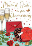 The illustrated anniversary card captures a moment of shared celebration, the kind of cosy evening a couple in Aldgate might enjoy after a long day in the city. In the centre sit two graceful champagne flutes, their slender stems and gently flared rims drawn with elegant lines. They are filled with sparkling champagne, a soft golden hue glowing from within and bubbles rising delicately, giving the impression of movement and joy. Just in front, a heart-shaped chocolate box commands attention with its intense red colour and lavish bow, the ribbon loops full and smooth as if carefully tied only moments before. The lid leans back to reveal an inviting array of chocolates, each rounded piece neatly nestled and hinting at a range of rich, indulgent flavours. Nestled to one side, two deep red roses rest on a cushion of glossy green leaves, their velvety petals rendered with fine detail that calls to mind a freshly arranged bouquet collected from a trusted florist near Aldgate High Street. Tiny crimson and gold hearts drift across the background, circling hand-lettered wishes that celebrate Mum and Dad's enduring love. A bright scarlet envelope lies nearby, hinting at personal words written in flowing script, perhaps recounting shared memories from years spent in and around Aldgate. Gentle, amber-toned light bathes the entire scene, reflecting off the glass and adding a soft sheen to the chocolates and roses, creating a mood that feels both festive and intimate. The composition conveys not only romance, but also the comfort of familiarity and the sweetness of marking another year together.